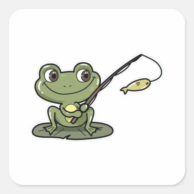 Sticker Carré Grenouille à la pêche avec canne à pêche (Devant)