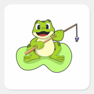 Sticker Carré Grenouille à la pêche avec canne à pêche