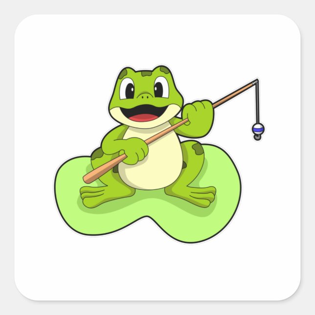Sticker Carré Grenouille à la pêche avec canne à pêche (Devant)