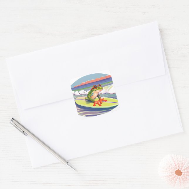 Sticker Carré Grenouille à surf colorée (Enveloppe)