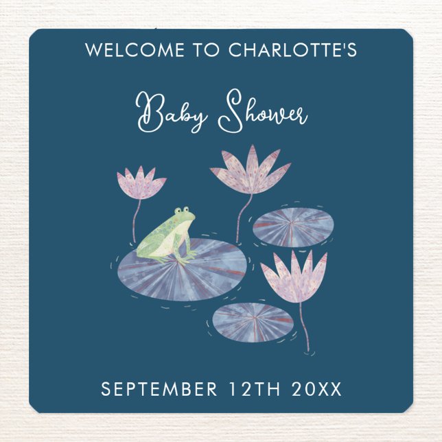 Sticker Carré Grenouille dans un Baby shower mignon en étang Lil (Frog on a lily leaf personalized baby shower sticker)