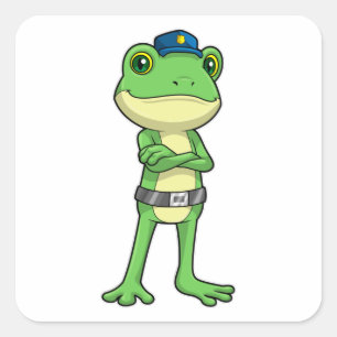 Sticker Carré Grenouille en tant qu'agent de police avec casquet