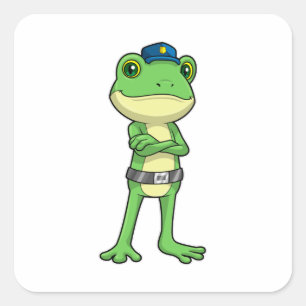 Sticker Carré Grenouille en tant qu'agent de police avec casquet