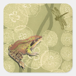 Sticker Carré Grenouille et libellule sur nénuphars