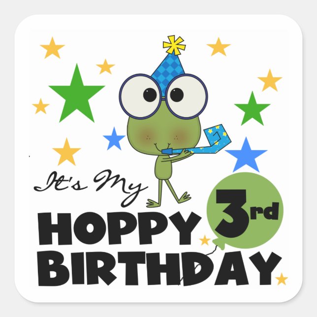 Sticker Carré Grenouille-Hoppy 3e Anniversaire Tshirts et cadeau (Devant)