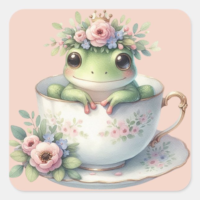 Sticker Carré Grenouille lunaire en Teacup Floral (Devant)