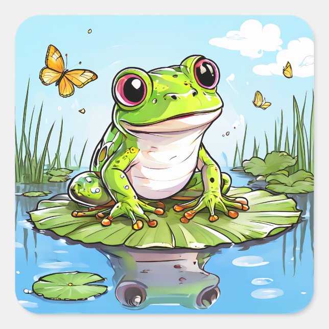 Sticker Carré Grenouille mignonne sur un tapis de Lily (Devant)