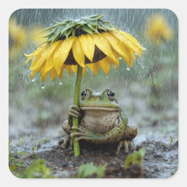 Sticker Carré Grenouille sous un parapluie tournesol sous la plu (Devant)