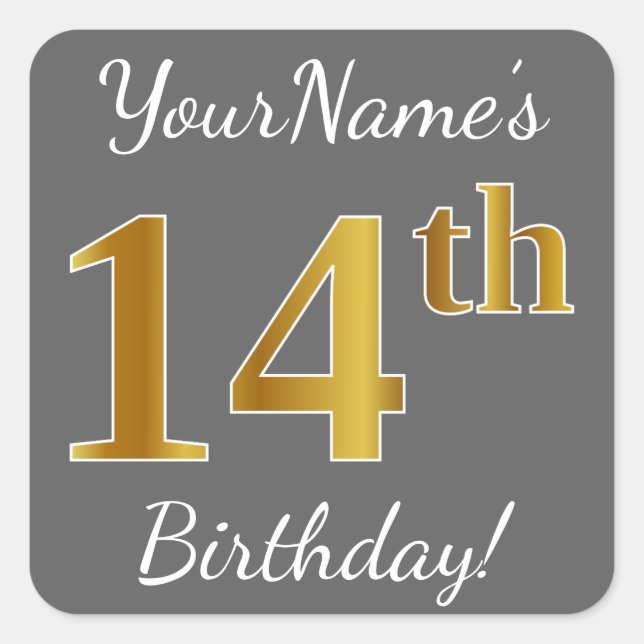 Sticker Carré Grey, Faux Gold 14e anniversaire + Nom personnalis (Devant)
