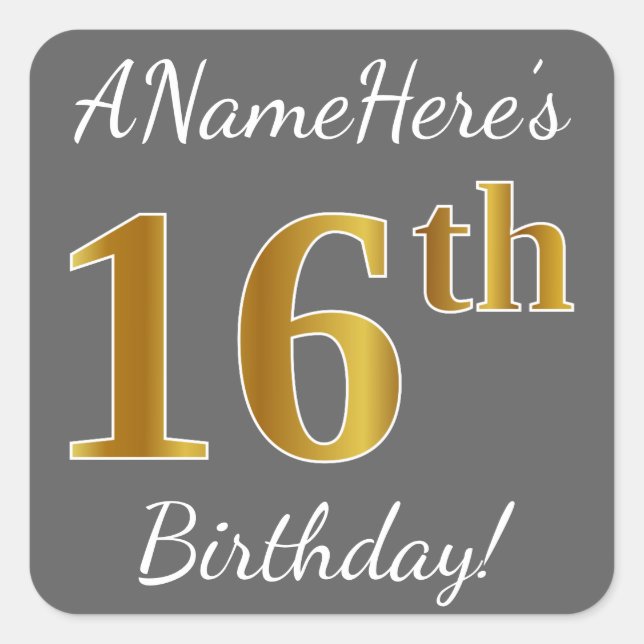Sticker Carré Grey, Faux Gold 16e anniversaire + Nom personnalis (Devant)