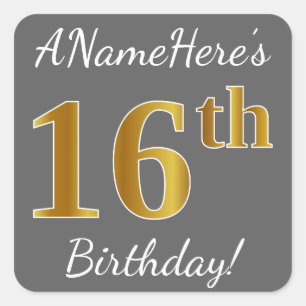 Sticker Carré Grey, Faux Gold 16e anniversaire + Nom personnalis