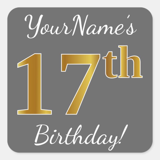 Sticker Carré Grey, Faux Gold 17e anniversaire + Nom personnalis (Devant)