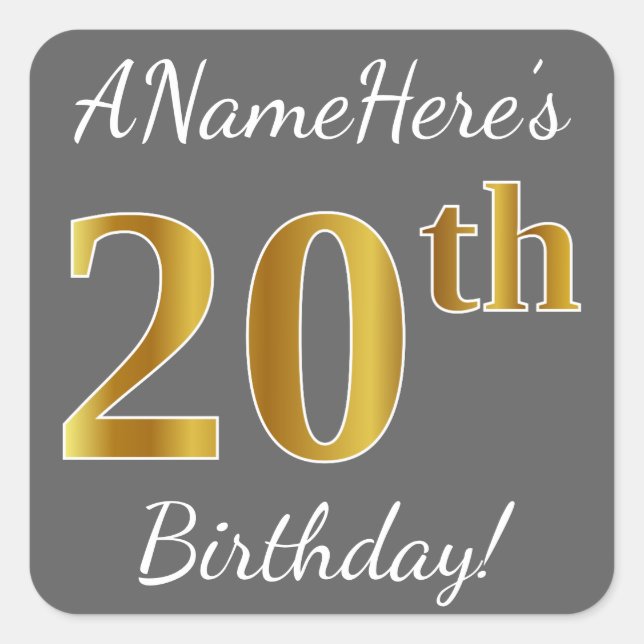 Sticker Carré Grey, Faux Gold 20e anniversaire + Nom personnalis (Devant)