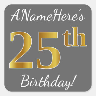 Sticker Carré Grey, Faux Gold 25e anniversaire + Nom personnalis