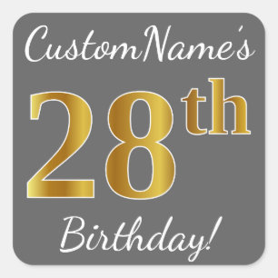 Sticker Carré Grey, Faux Gold 28e anniversaire + Nom personnalis