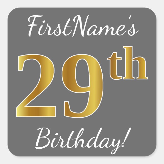 Sticker Carré Grey, Faux Gold 29e anniversaire + Nom personnalis (Devant)