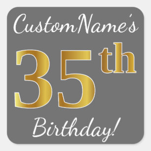 Sticker Carré Grey, Faux Gold 35e anniversaire + Nom personnalis