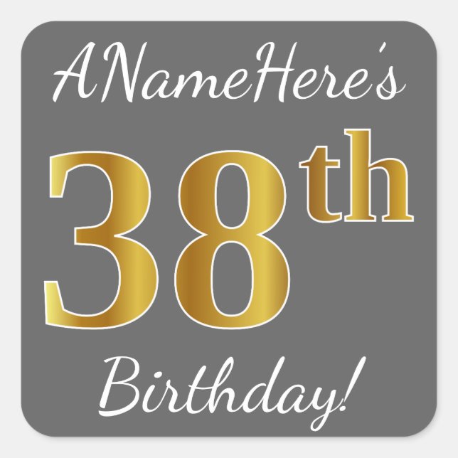 Sticker Carré Grey, Faux Gold 38e anniversaire + Nom personnalis (Devant)