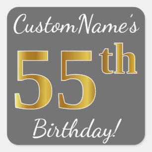 Sticker Carré Grey, Faux Gold 55e anniversaire + Nom personnalis