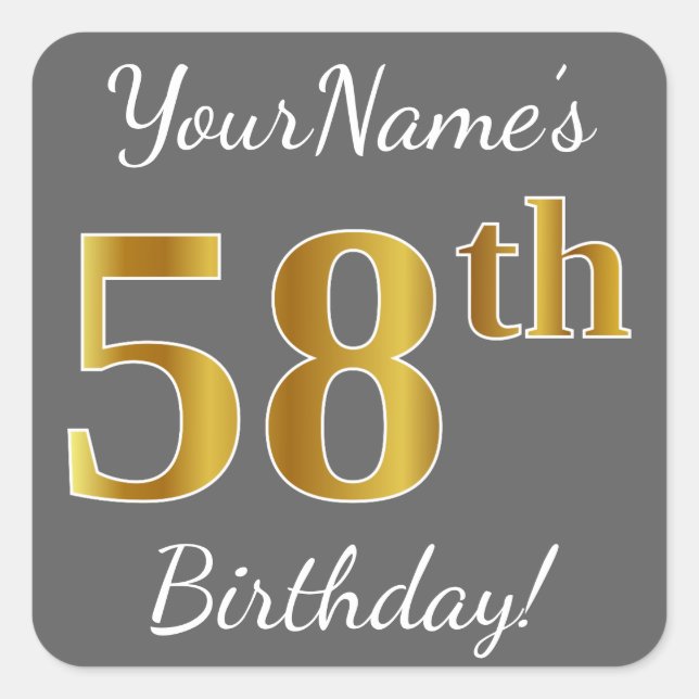 Sticker Carré Grey, Faux Gold 58e anniversaire + Nom personnalis (Devant)