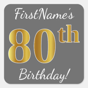 Sticker Carré Grey, Faux Gold 80e anniversaire + Nom personnalis