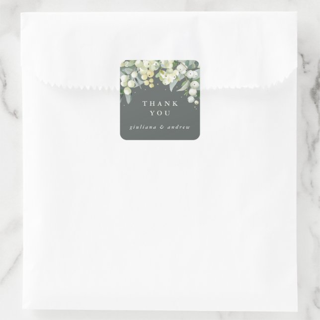 Sticker Carré Grey Green Snowberry+Eucalyptus Merci Mariage (Sac)