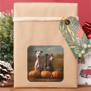 Sticker Carré Greyhound Chiot Automne Citrouille de plaisir
