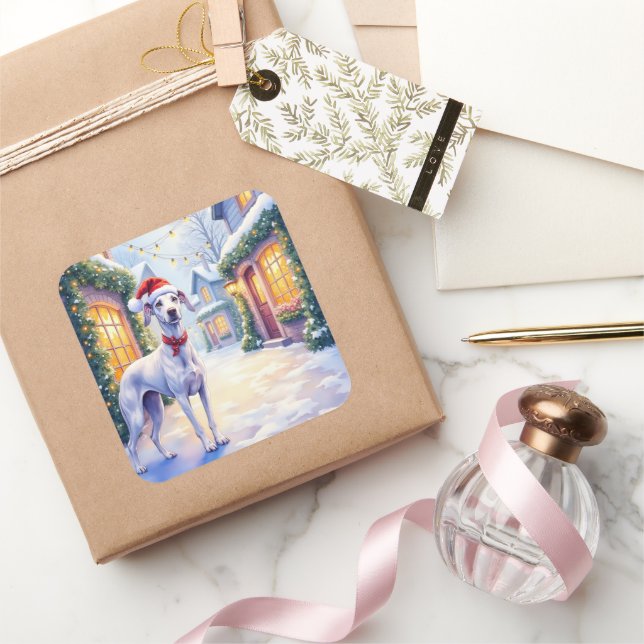 Sticker Carré Greyhound Snowy Village Santa Hat Christmas Art (Cadeaux)
