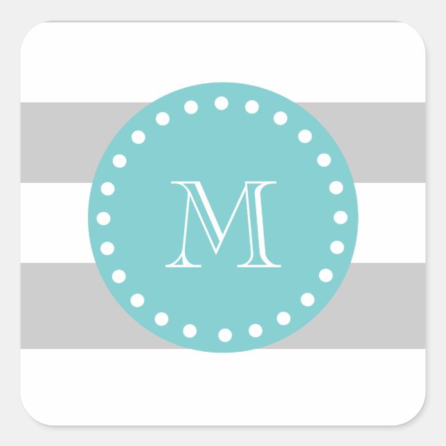 Sticker Carré Gris blanc Motif, Monogramme Turquoise (Devant)