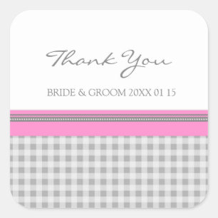 Sticker Carré Gris rose En vichy Merci Mariage Favor Tags