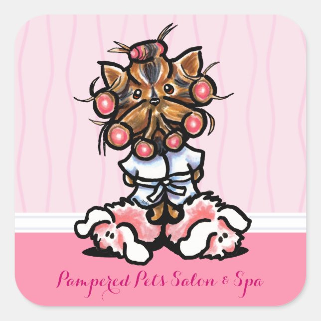 Sticker Carré Groomer de chien Spa Yorkie Pink Marketing (Devant)