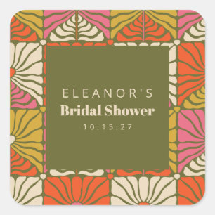 Sticker Carré Groovy Vintage Green Floral Mariage Personnalisé