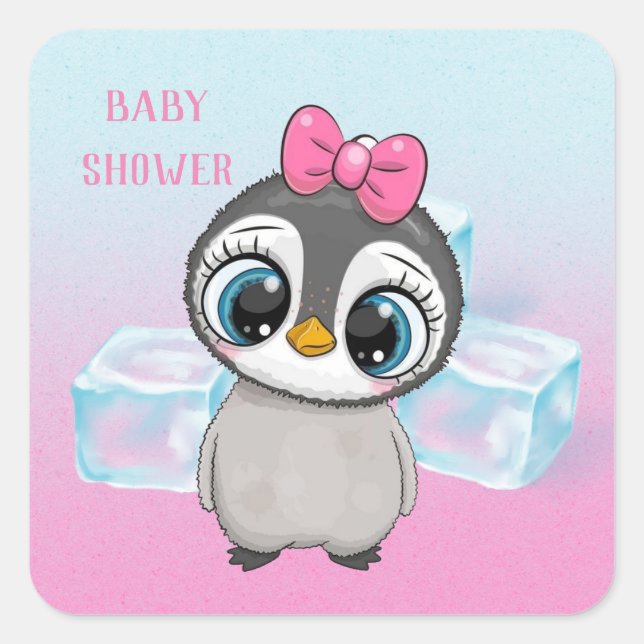 Sticker Carré Gros yeux mignon pingouin avec Baby shower de cabo (Devant)