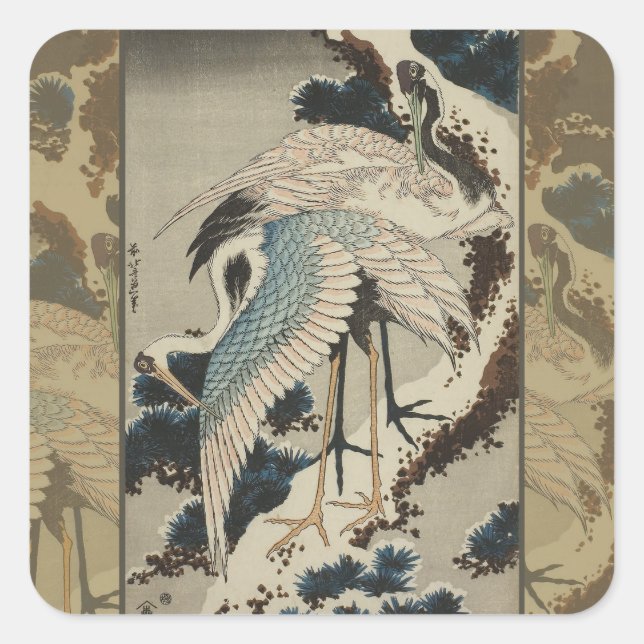 Sticker Carré Grues sur un pin couvert de neige Hokusai (Devant)