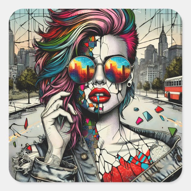 Sticker Carré Grunge Art | Femme fracturée Abstraite (Devant)