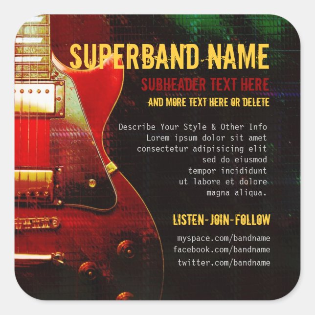 Sticker Carré Grunge Red Guitar Super Band (Devant)