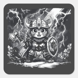 Sticker Carré Guerrier félin viking épique avec hache et bouclie