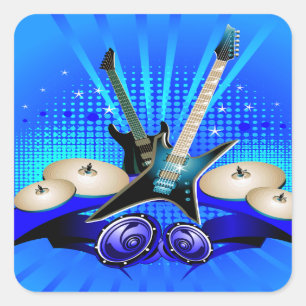 Sticker Carré Guitares électriques bleues, tambours et haut-parl