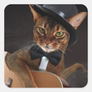 Sticker Carré Guitariste Chat Cool – Design Élégant Minimaliste