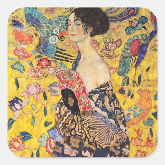 Sticker Carré Gustav Klimt - Dame avec ventilateur (Devant)