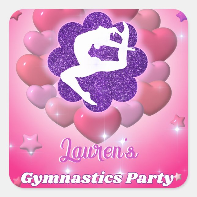 Sticker Carré Gymnastique Anniversaire Soirée rose violet étoile (Devant)