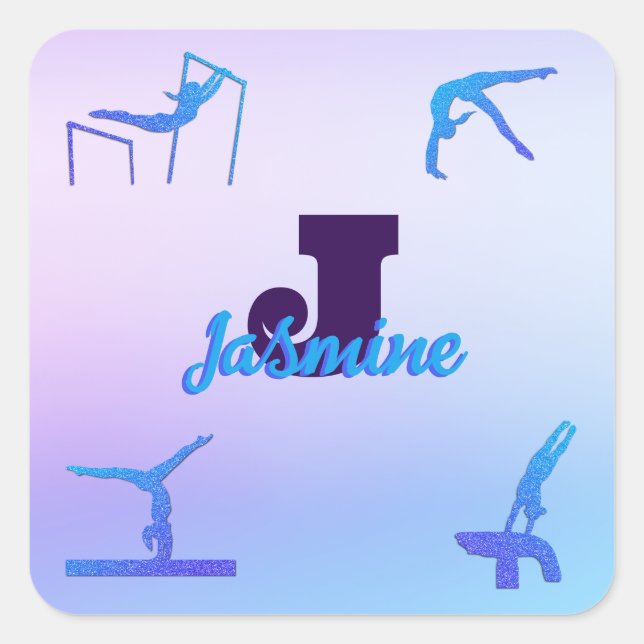 Sticker Carré Gymnastique féminine Monogramme bleu violet person (Devant)