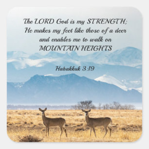 Sticker Carré Habakkuk 3:19 Bible Verse Cerfs et Montagnes