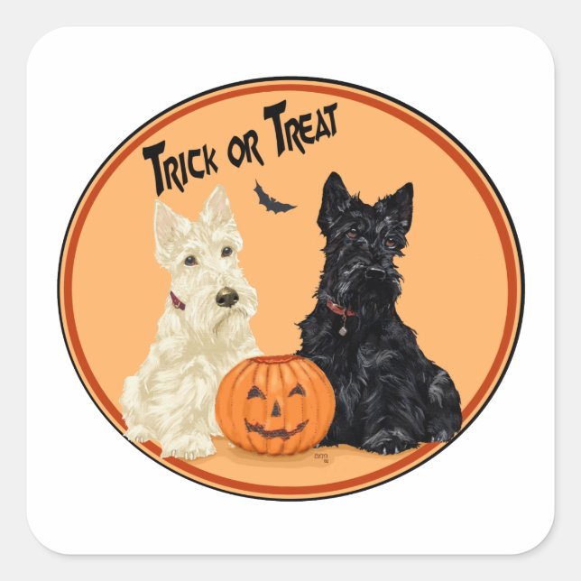 Sticker Carré Halloween à Wheaten et à Black Scottish Terriers (Devant)