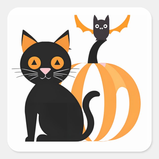 Sticker Carré Halloween adorable Chat noir Citrouille et chauve- (Devant)
