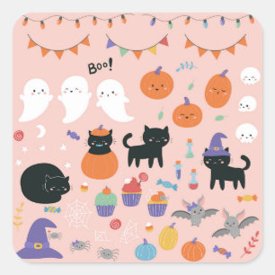 Sticker Carré Halloween avec personnages de dessins animés enfan
