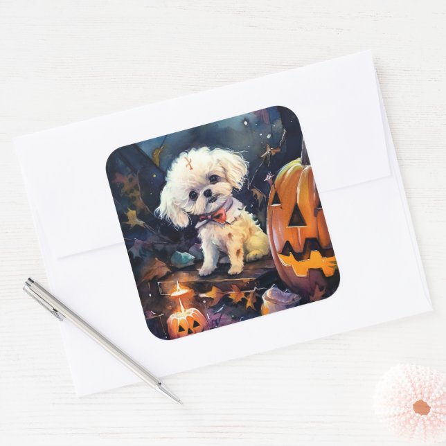 Sticker Carré Halloween Bichon Frise Avec La Peur Citrouille (Enveloppe)