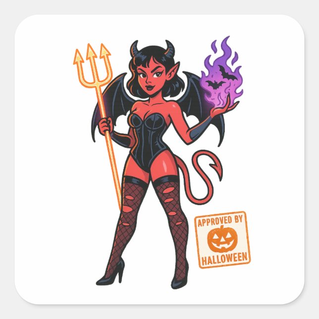 Sticker Carré Halloween Cartoon Succubus - Sombre et Jouant (Devant)