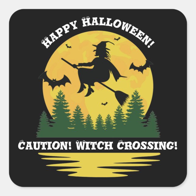 Sticker Carré Halloween Caution Sorcière Traversée Flying Brooms (Devant)