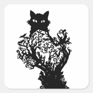 Sticker Carré Halloween Chat Diorama avec château chauve-souris 